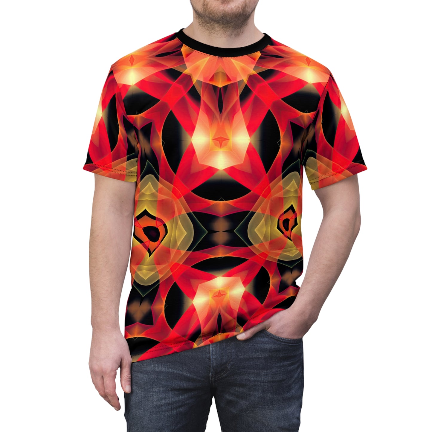 Hellfire Embrace T-Shirt - Psychedelic Flame Design, Demonic Energy Wave Shirt, Unisex All-Over Print T-Shirt