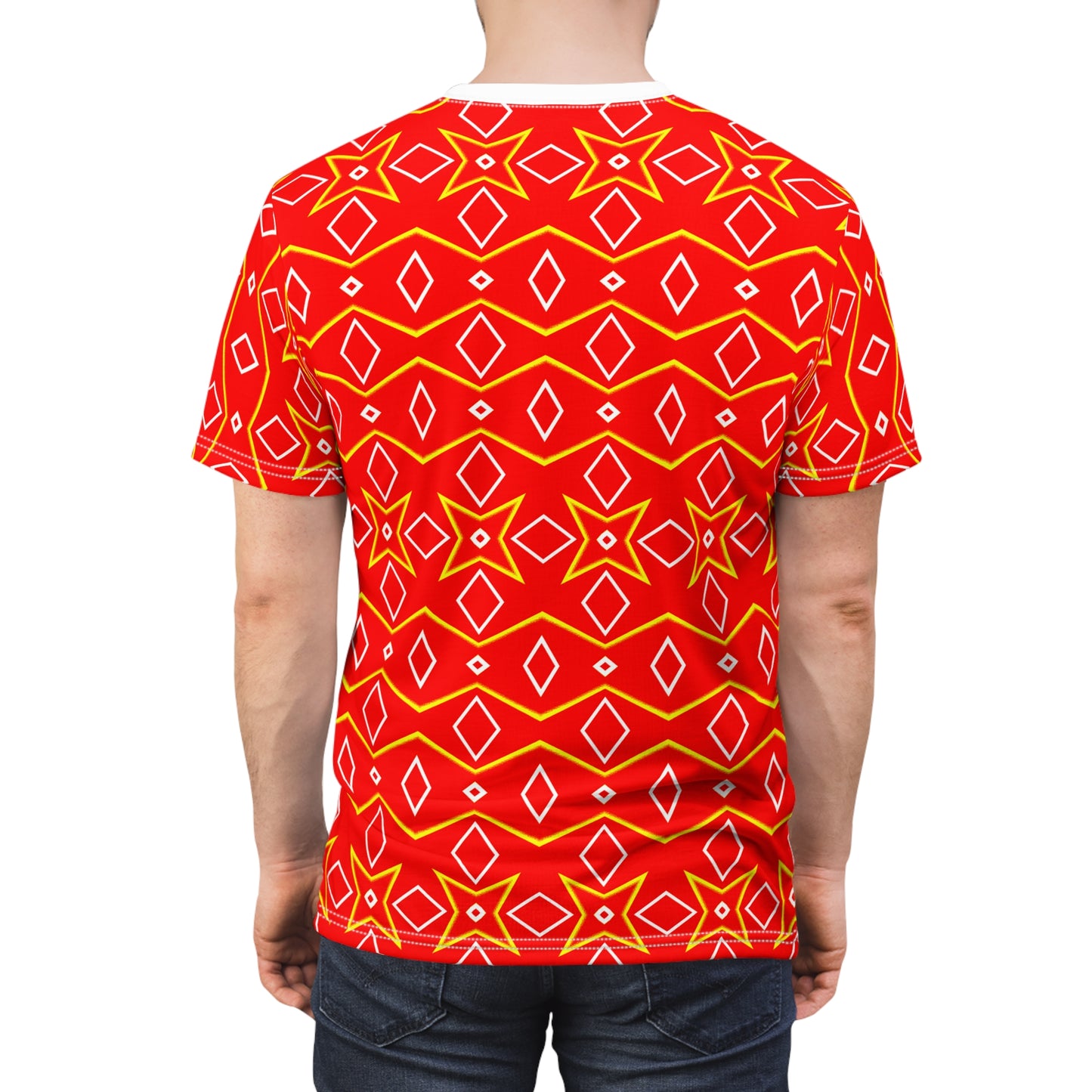 Bright Ember Geometry Tee, Eye-Catching Tribal Vibes, Bold Red & Yellow Diamond Print, Aztec-Inspired Festival Shirt