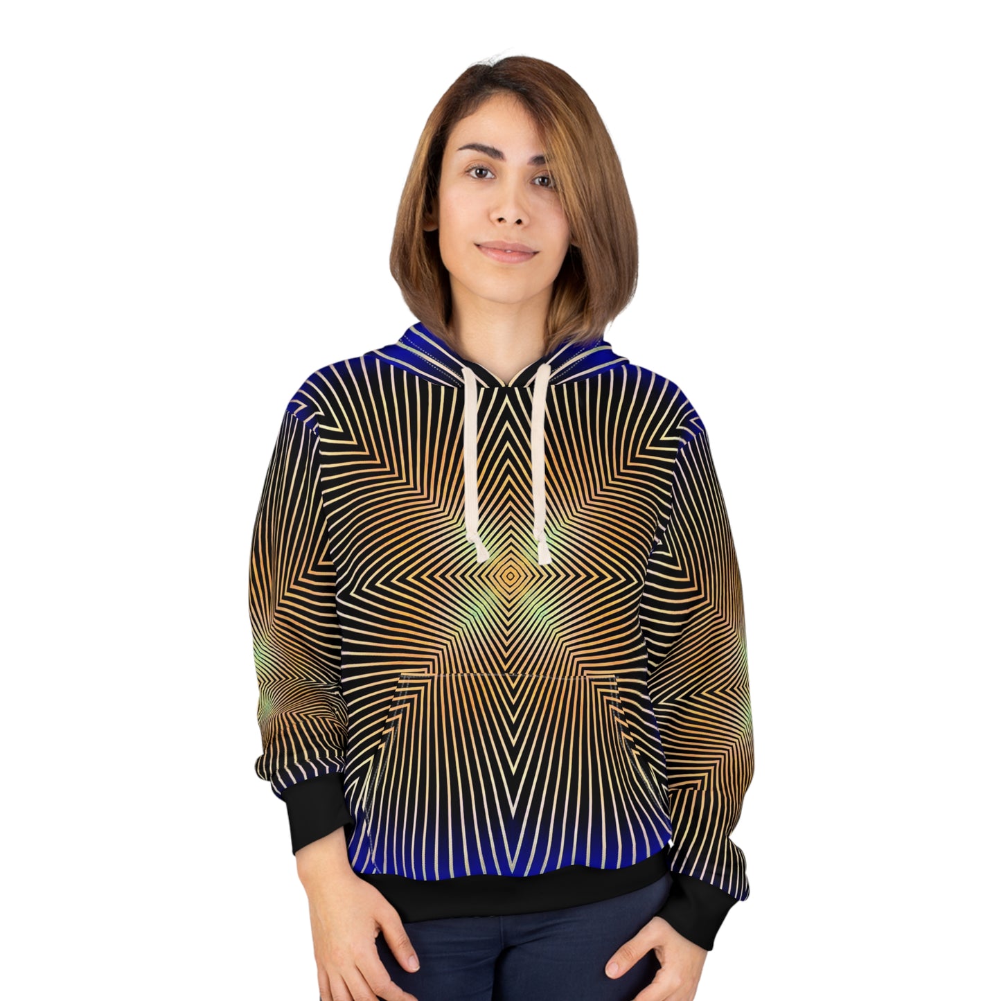 Sonic Echoes Pullover Hoodie: Vibrant Geometric Patterns