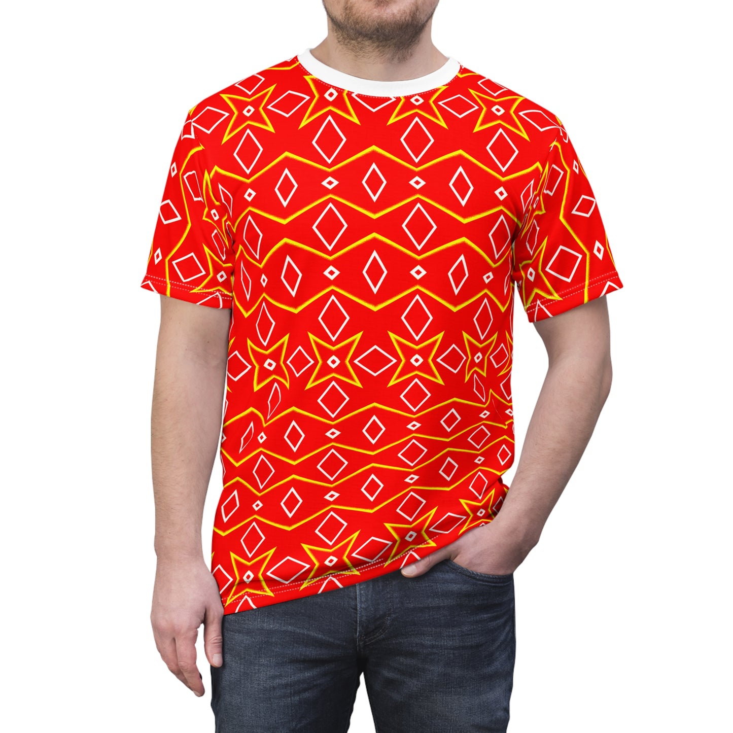 Bright Ember Geometry Tee, Eye-Catching Tribal Vibes, Bold Red & Yellow Diamond Print, Aztec-Inspired Festival Shirt