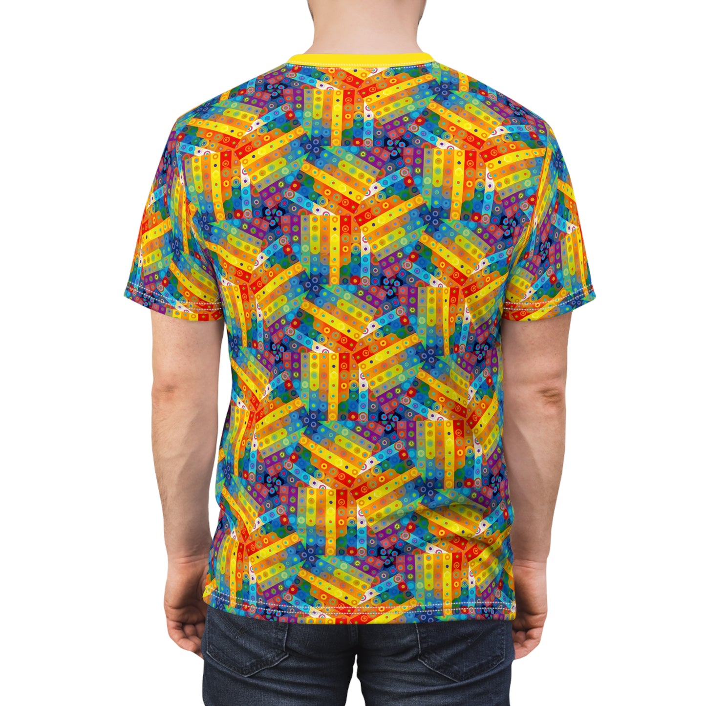 Geometric Breeze of Wonder T-Shirt - Colorful Hexagonal Windmill Pattern, Vibrant Festival Wear, Psychedelic Color Tee