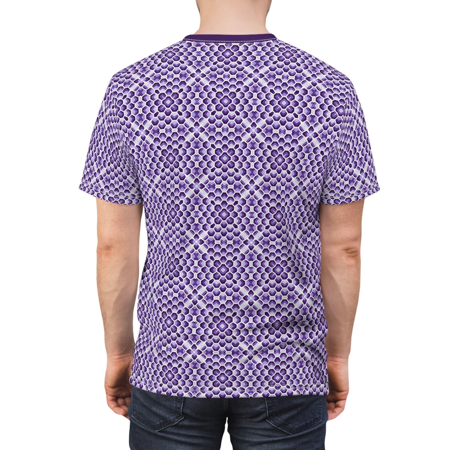 Hexagonal Purpliciousness T-Shirt - Psychedelic Geometric Pattern, Vibrant Hexagon Design, Bold Festival Wear, Purple Color Tee