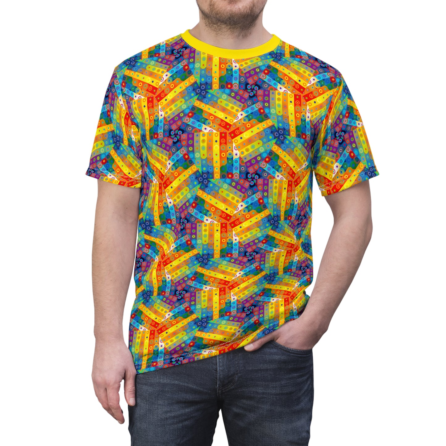 Geometric Breeze of Wonder T-Shirt - Colorful Hexagonal Windmill Pattern, Vibrant Festival Wear, Psychedelic Color Tee