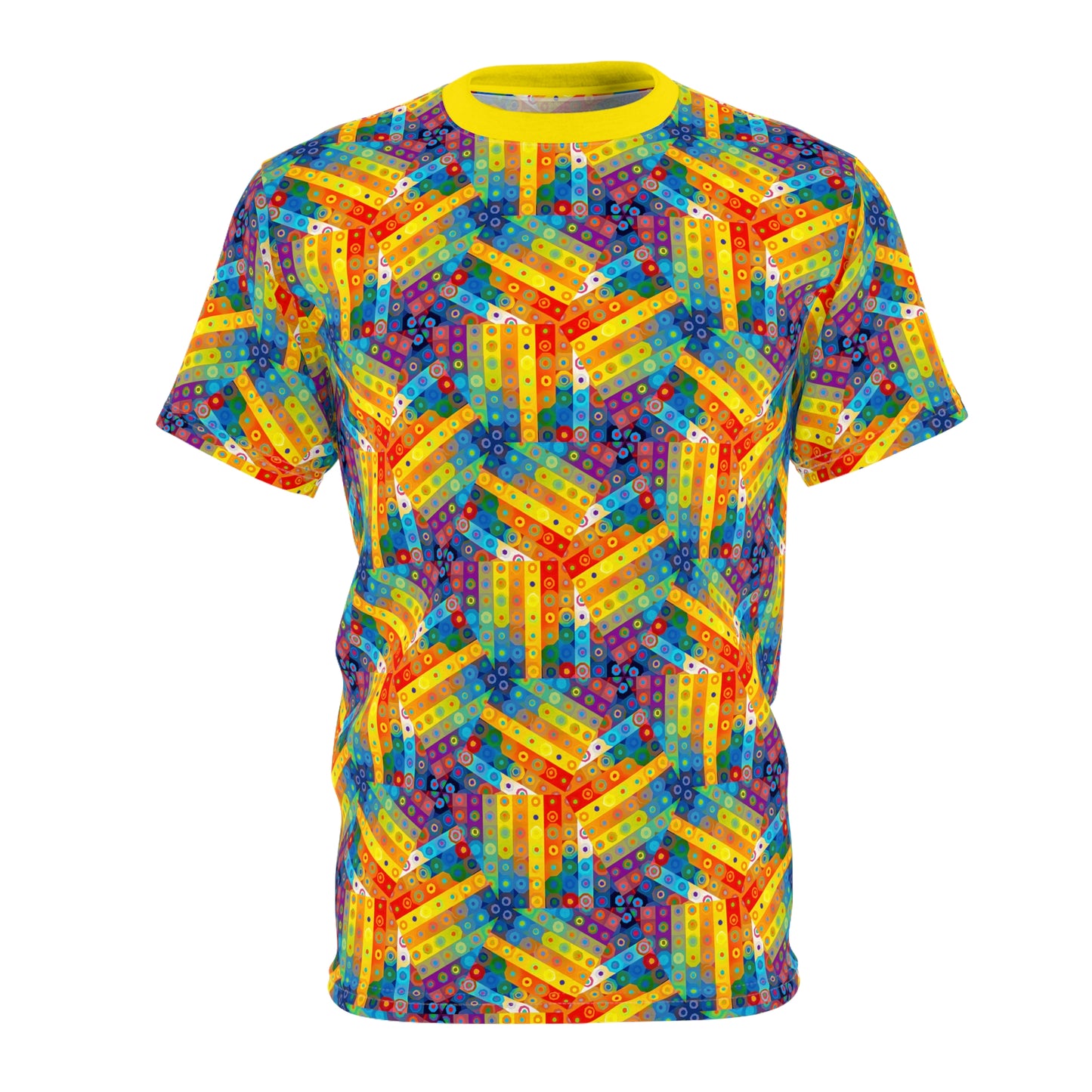 Geometric Breeze of Wonder T-Shirt - Colorful Hexagonal Windmill Pattern, Vibrant Festival Wear, Psychedelic Color Tee