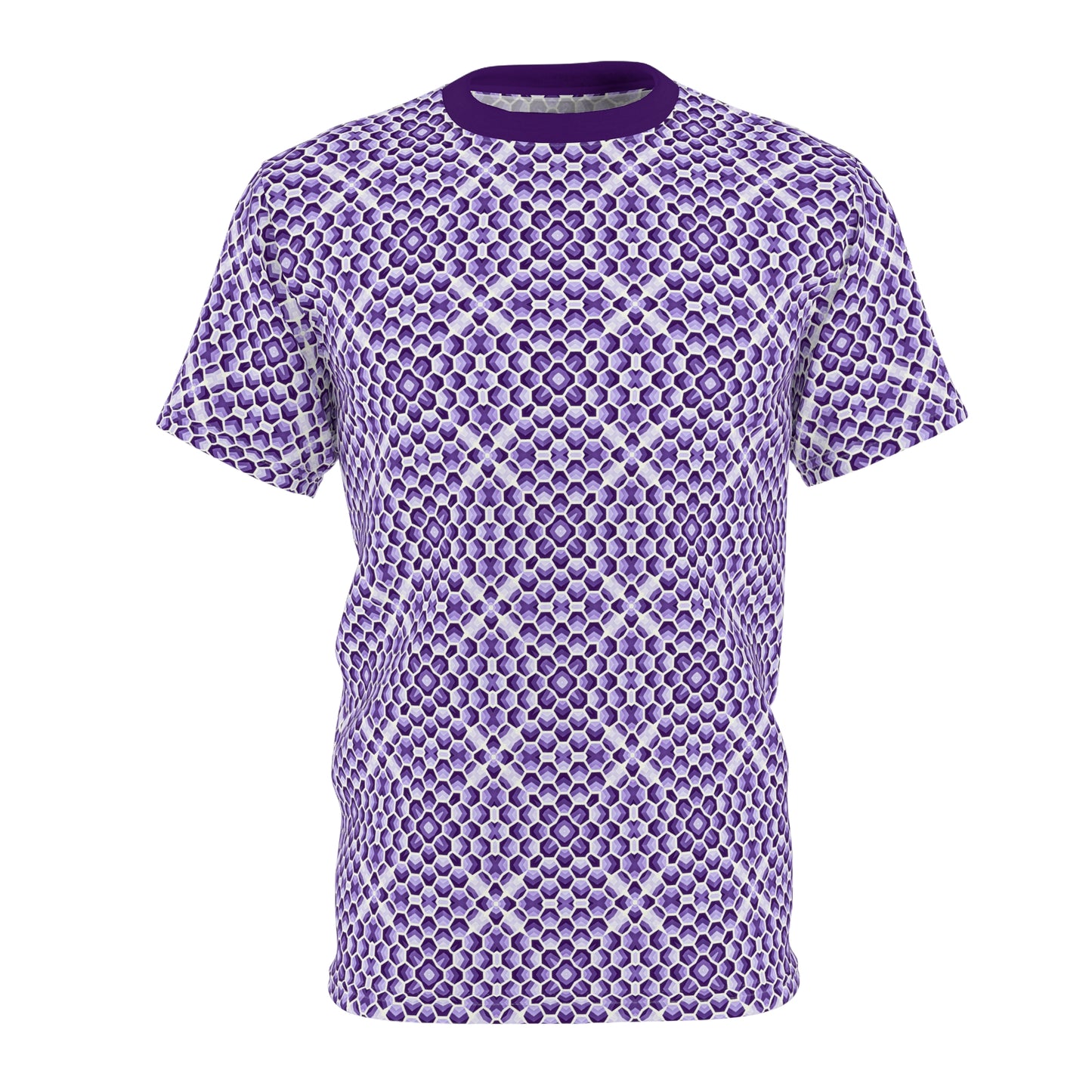 Hexagonal Purpliciousness T-Shirt - Psychedelic Geometric Pattern, Vibrant Hexagon Design, Bold Festival Wear, Purple Color Tee