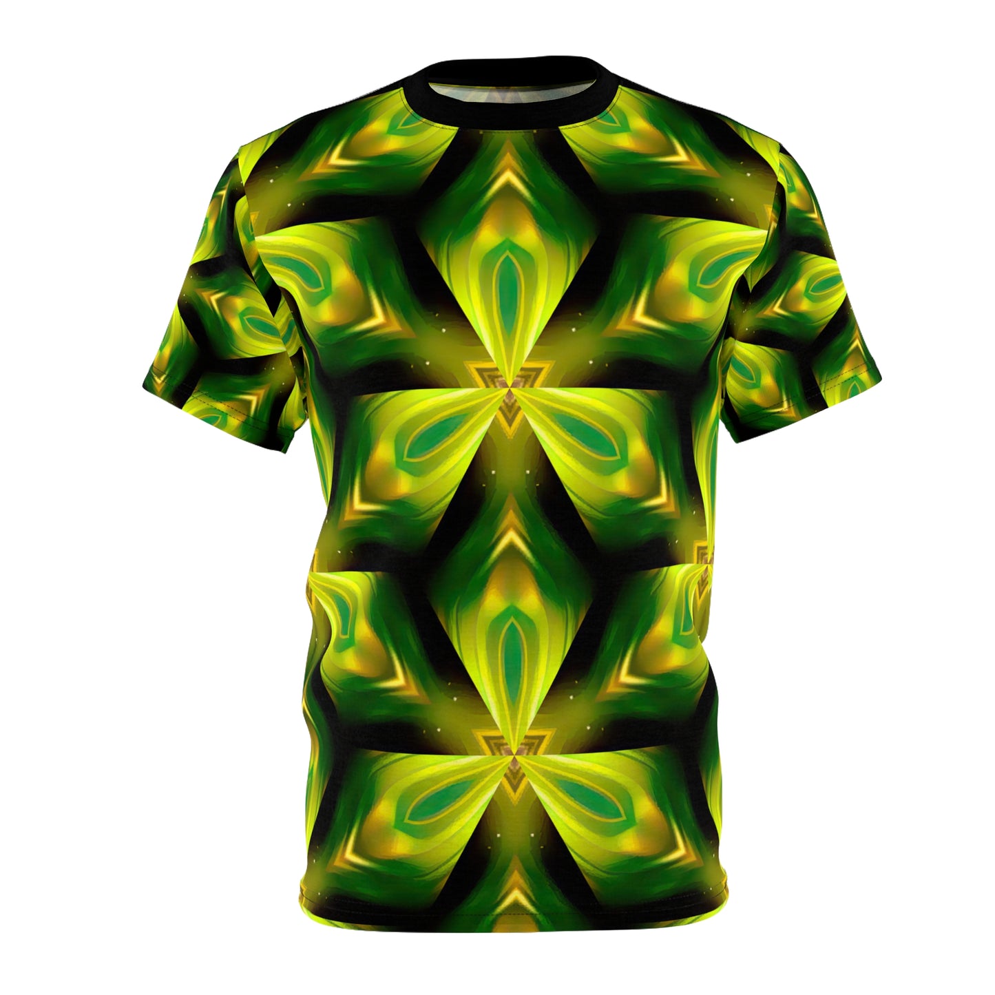 Triangular Voyage T-Shirt - Psychedelic Triangle Design, Infinite Geometry Pattern, Retro 70s Style, Unisex All-Over Print Tee