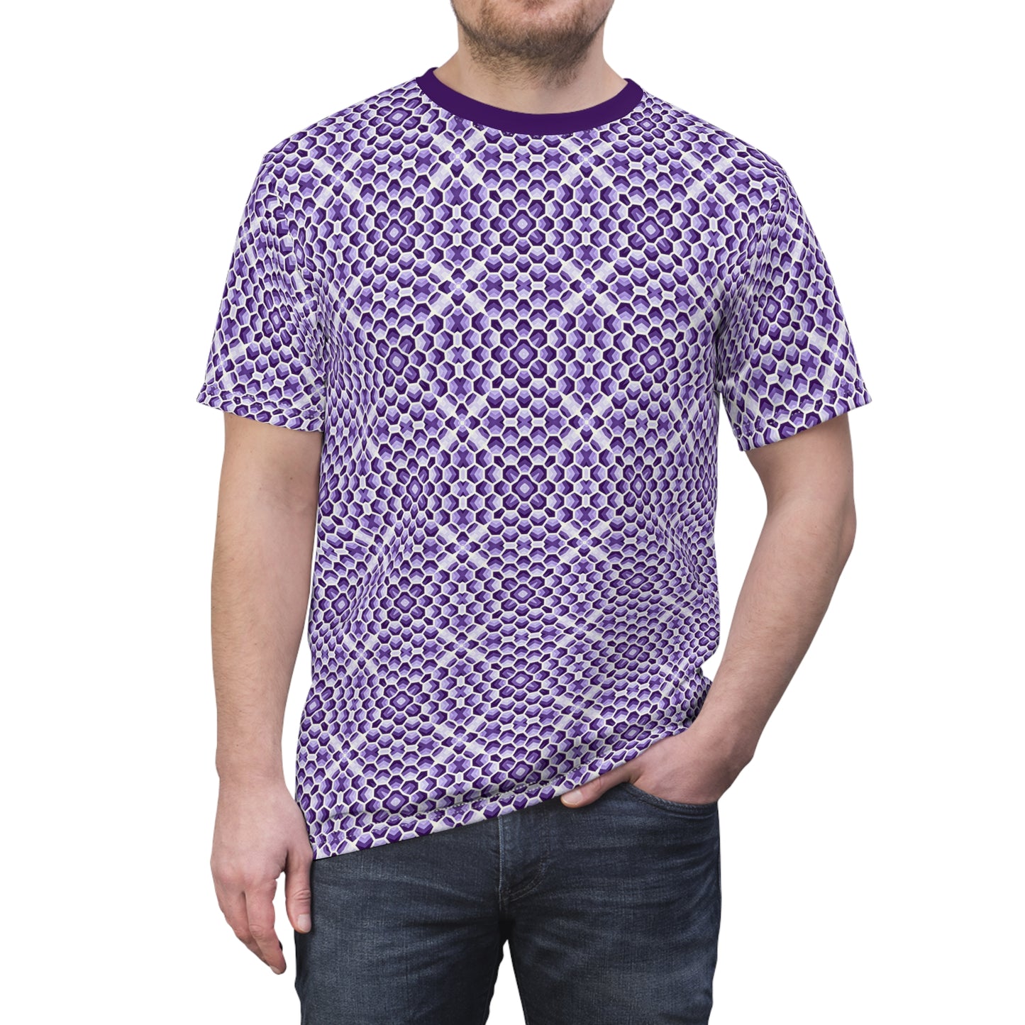 Hexagonal Purpliciousness T-Shirt - Psychedelic Geometric Pattern, Vibrant Hexagon Design, Bold Festival Wear, Purple Color Tee