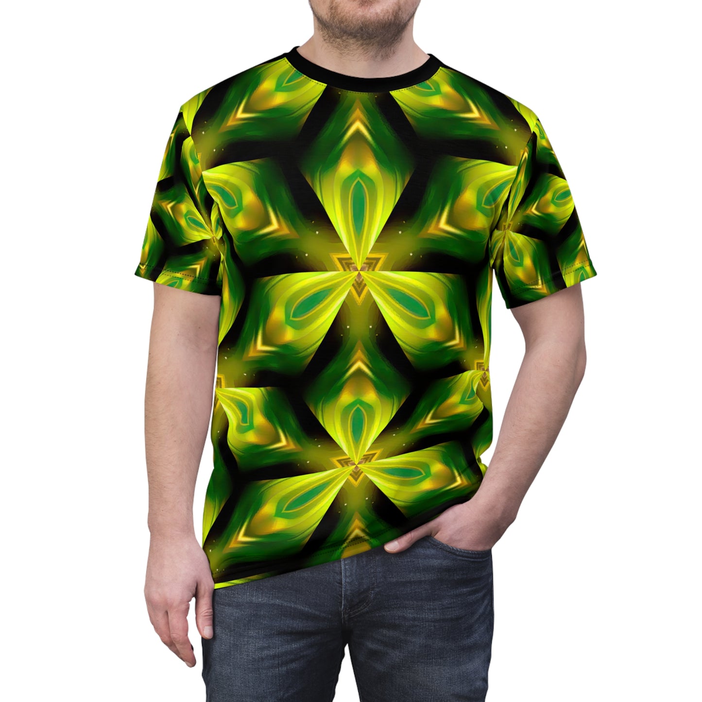 Triangular Voyage T-Shirt - Psychedelic Triangle Design, Infinite Geometry Pattern, Retro 70s Style, Unisex All-Over Print Tee