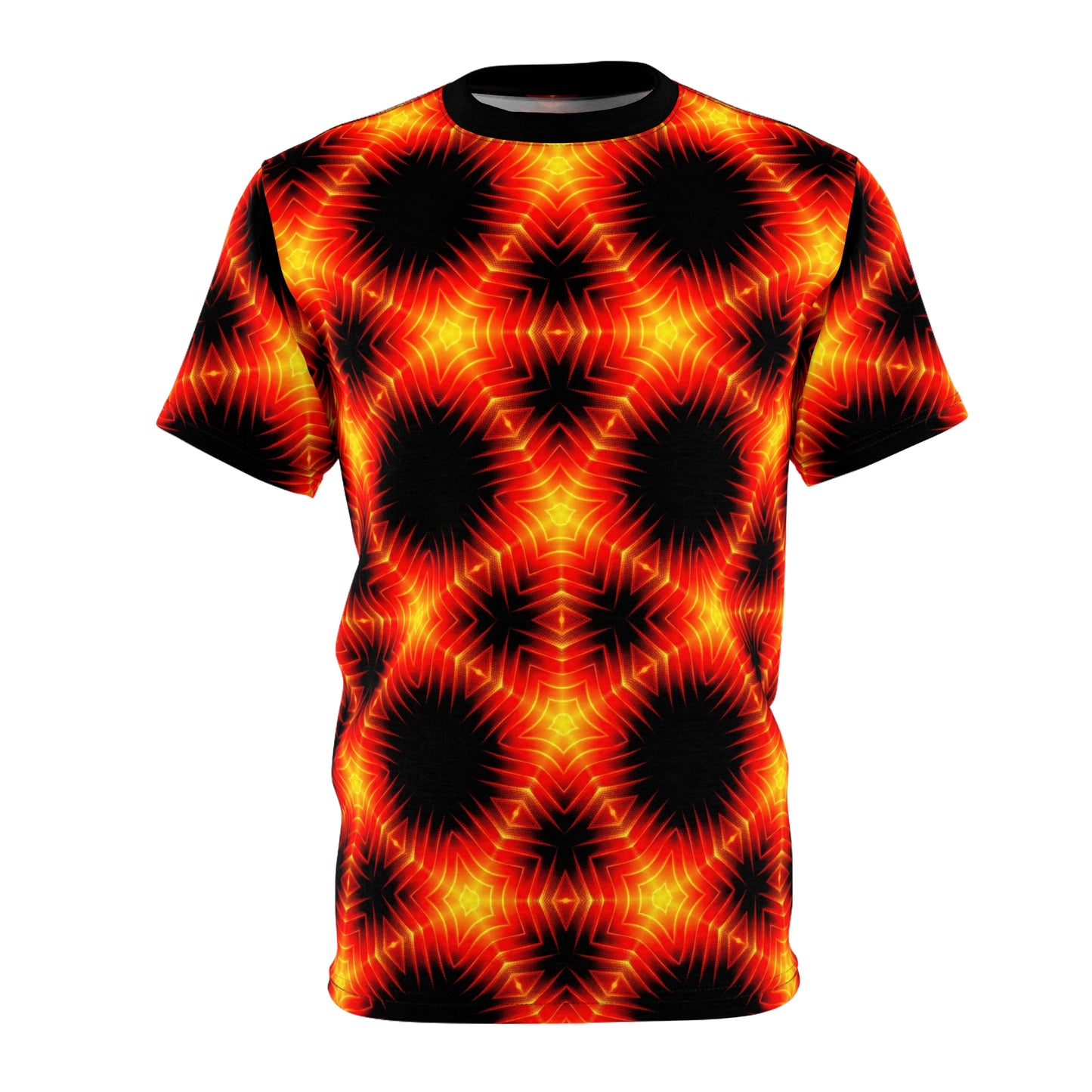 Scintillating Inferno T-Shirt - Psychedelic Fire Design, Vibrant Flame Pattern, Bold Statement Tee, Unisex All-Over Print T-Shirt