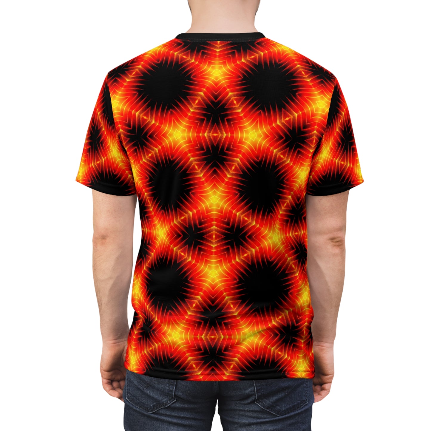 Scintillating Inferno T-Shirt - Psychedelic Fire Design, Vibrant Flame Pattern, Bold Statement Tee, Unisex All-Over Print T-Shirt