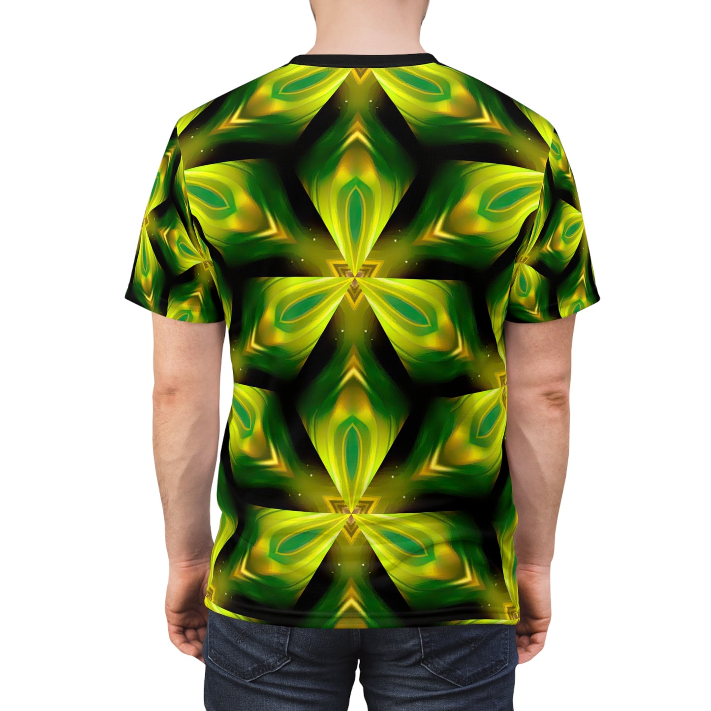 Triangular Voyage T-Shirt - Psychedelic Triangle Design, Infinite Geometry Pattern, Retro 70s Style, Unisex All-Over Print Tee