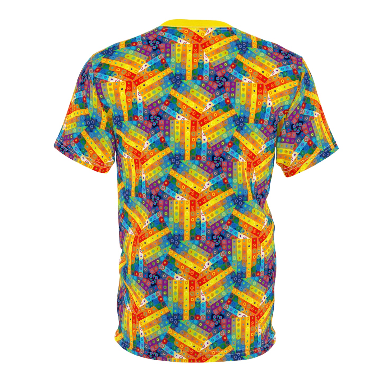 Geometric Breeze of Wonder T-Shirt - Colorful Hexagonal Windmill Pattern, Vibrant Festival Wear, Psychedelic Color Tee