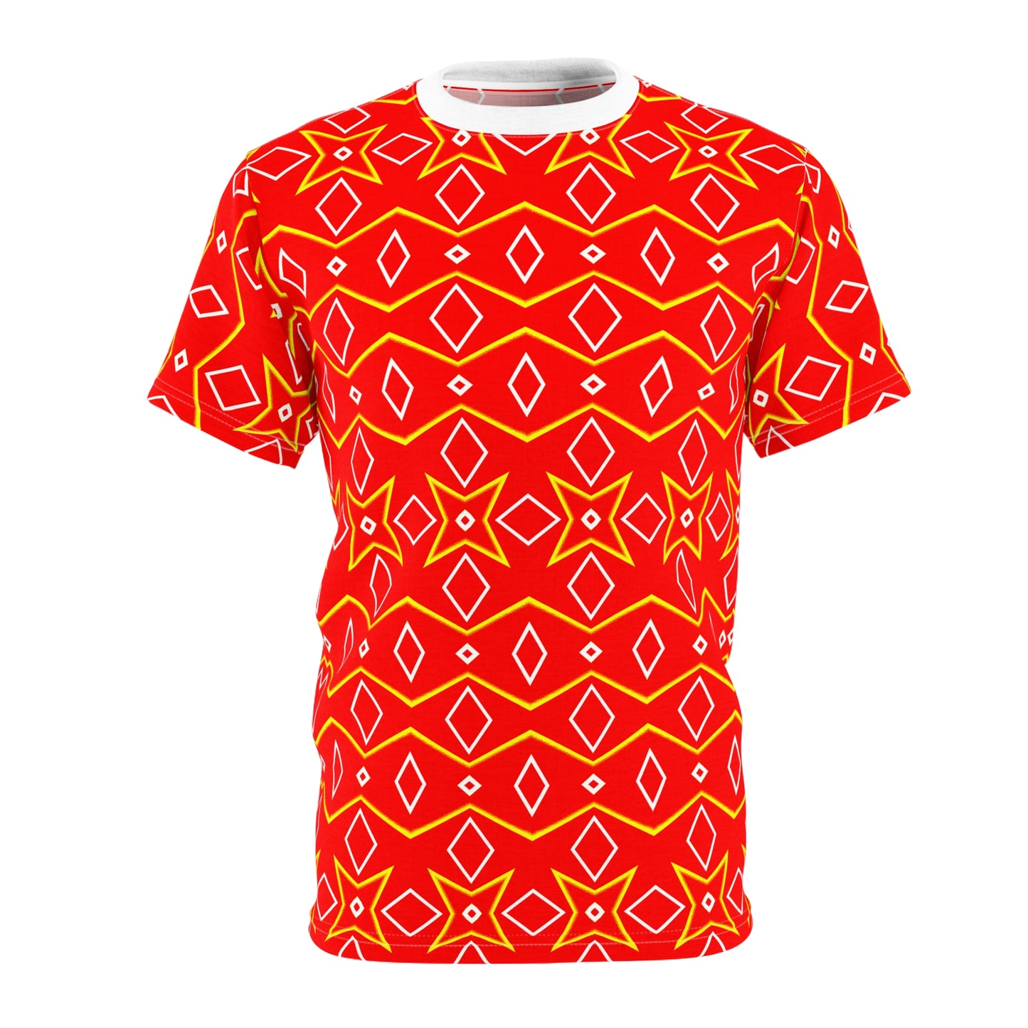 Bright Ember Geometry Tee, Eye-Catching Tribal Vibes, Bold Red & Yellow Diamond Print, Aztec-Inspired Festival Shirt