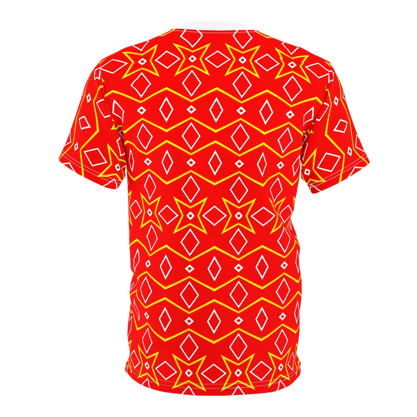 Bright Ember Geometry Tee, Eye-Catching Tribal Vibes, Bold Red & Yellow Diamond Print, Aztec-Inspired Festival Shirt