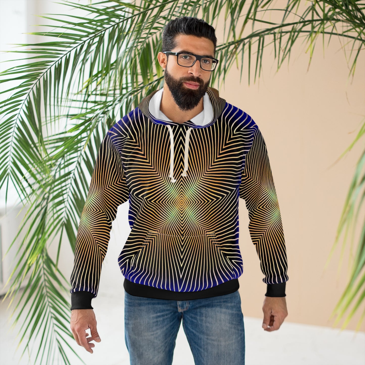 Sonic Echoes Pullover Hoodie: Vibrant Geometric Patterns