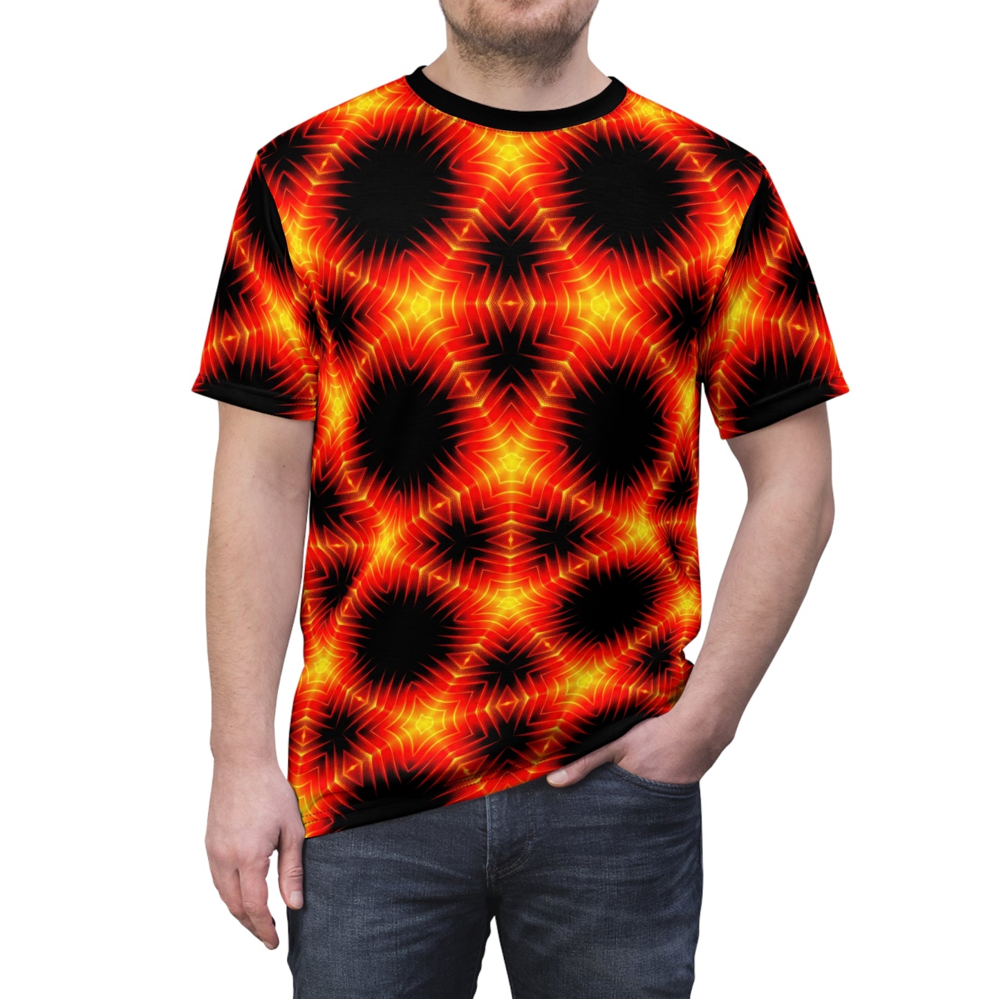 Scintillating Inferno T-Shirt - Psychedelic Fire Design, Vibrant Flame Pattern, Bold Statement Tee, Unisex All-Over Print T-Shirt